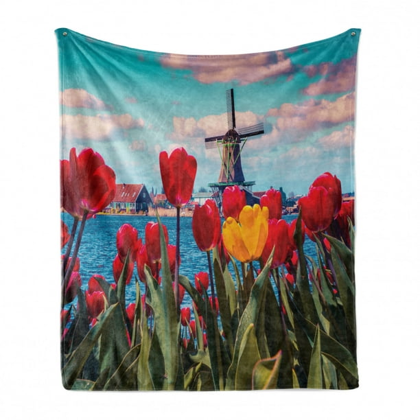Multicolor Cozy Plush for Indoor and Outdoor Use Ambesonne Amsterdam Soft Flannel Fleece Throw Blanket Idyllic Spring Morning Photo with Dutch Tulips Canal and Windmill in Netherlands 70 x 90 